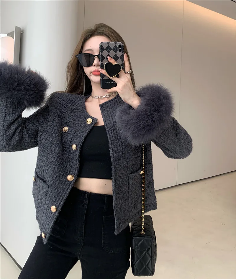 

Women Vintage Hairy Sleeve Tweed Jacket Spring Autumn Elegant O Neck Long Sleeve Single Breasted Jacket Lady High Street Outwear