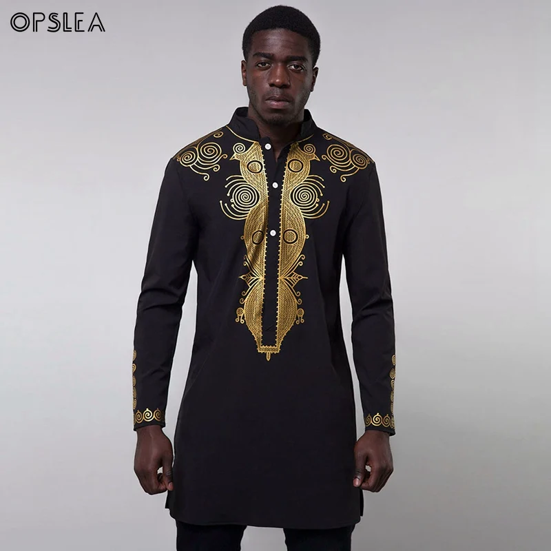 Opslea Dashiki африканская Мужская рубашка с длинным рукавом и стоячим воротником Bazin Riche с национальным этническим принтом Одежда Повседневная приталенная рубашка