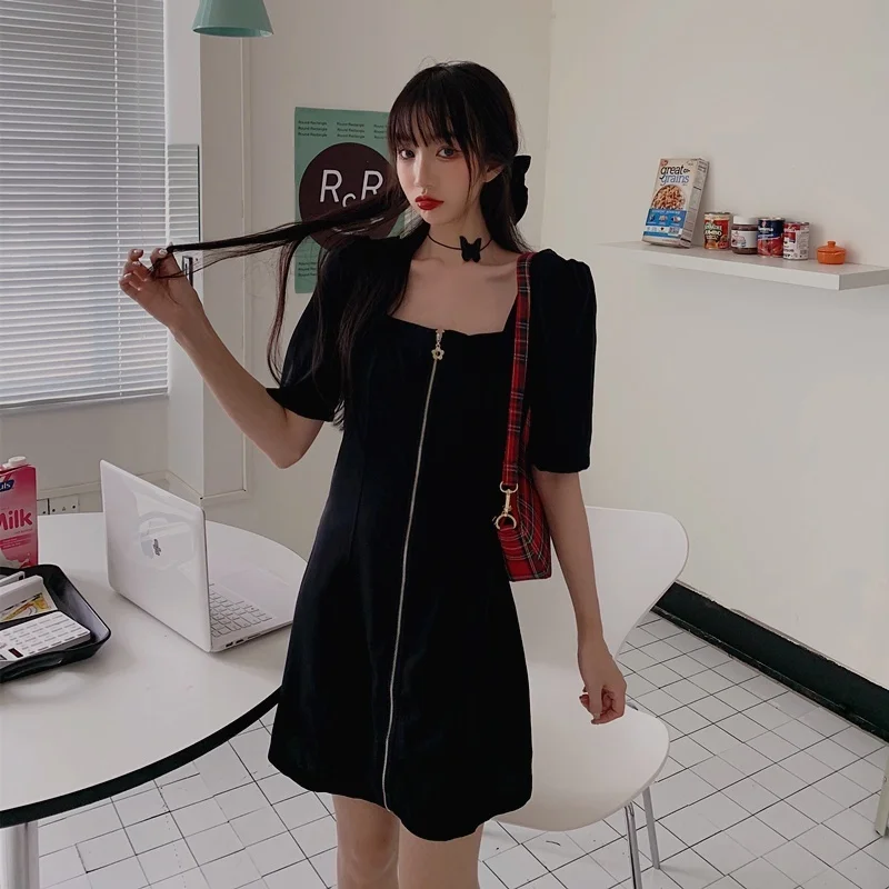 Женские платья летнее сексуальное черное платье с коротким рукавом на молнии мини большого размера женская