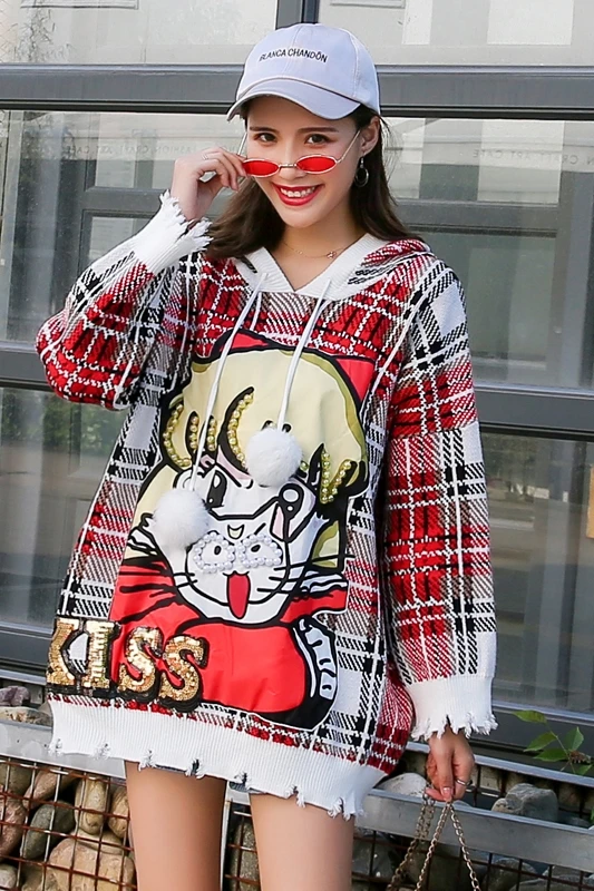 

Thailand Tide brand large size women's 2019 new wave stereo sequins college style sub-control hooded loose sweater