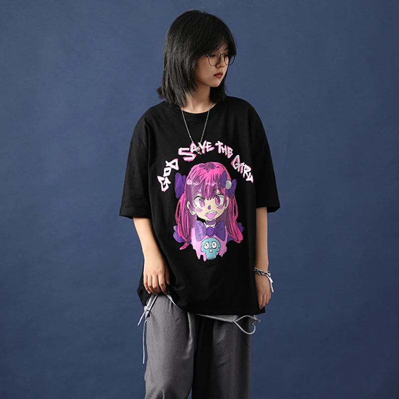 

Black T-shirt Women's Summer 2020 Harajuku Style Cartoon Printing Bf Loose All-match Short Sleeve T-shirts Hip Hop Streetwear
