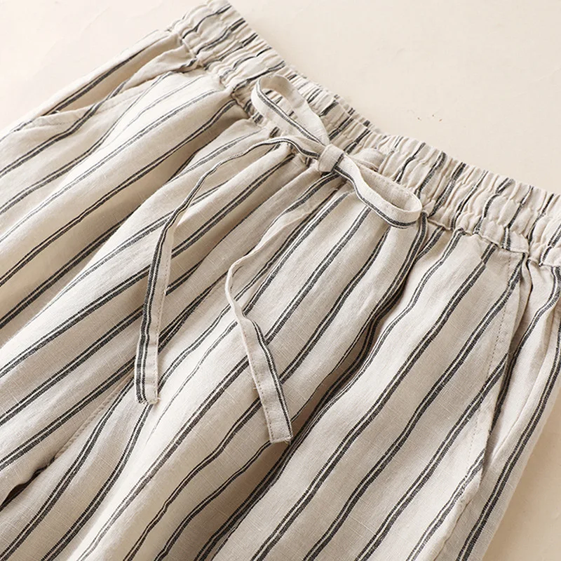 Shuchan Summer  Striped  Linen  Wide Leg Pants Summer Broadcloth  Trousers Women 2021 Streetwear Women Loose Pants