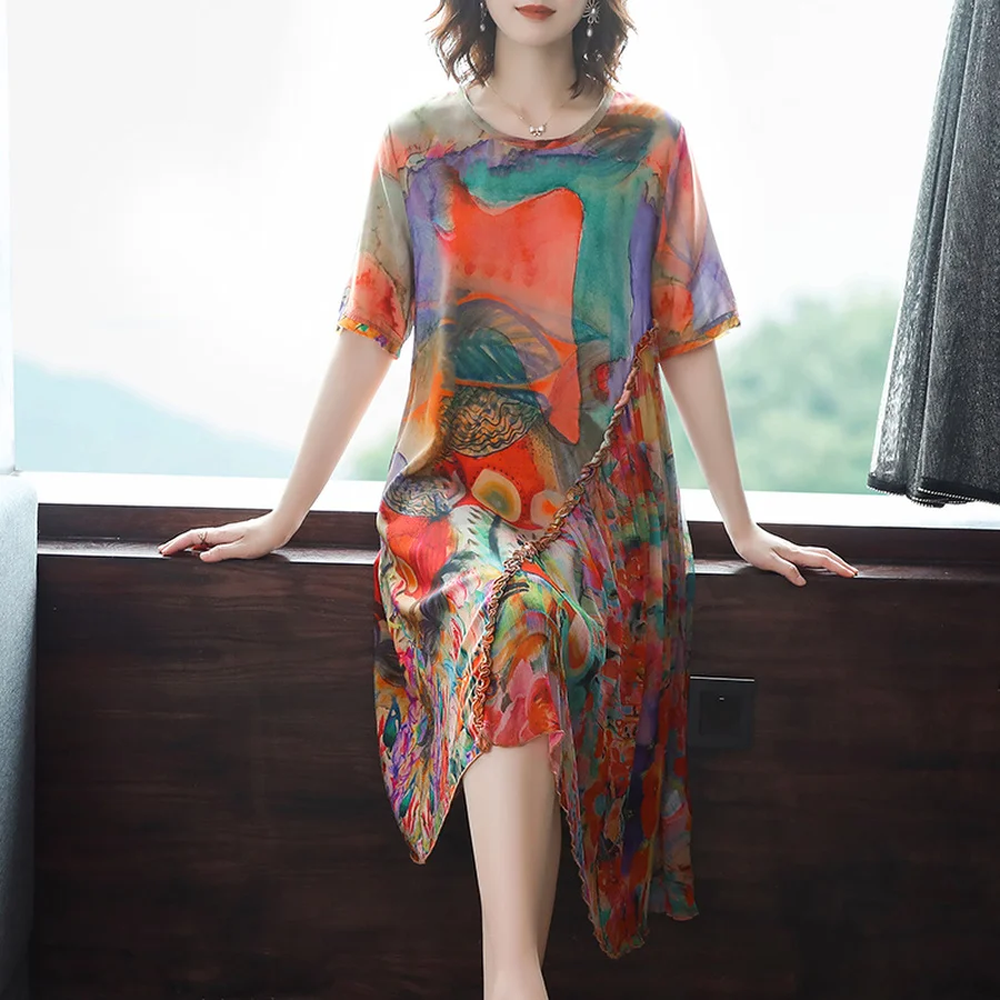2021 Лето Высокое качество шелк тутового шелкопряда пляжное платье в винтажном