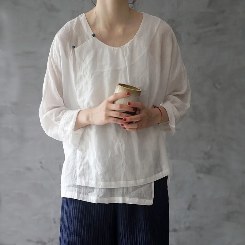 Рубашки в китайском стиле для женщин на пуговицах рами блузки 2019 Осень Новые