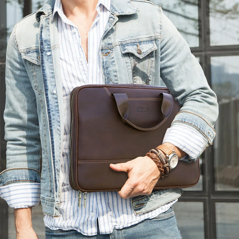 OYIXINGER Men's Leather Business Briefcase Suitable For Dell Hp Acer 15 inch Laptop Bag Female Vintage Shoulder Bags With Pouch