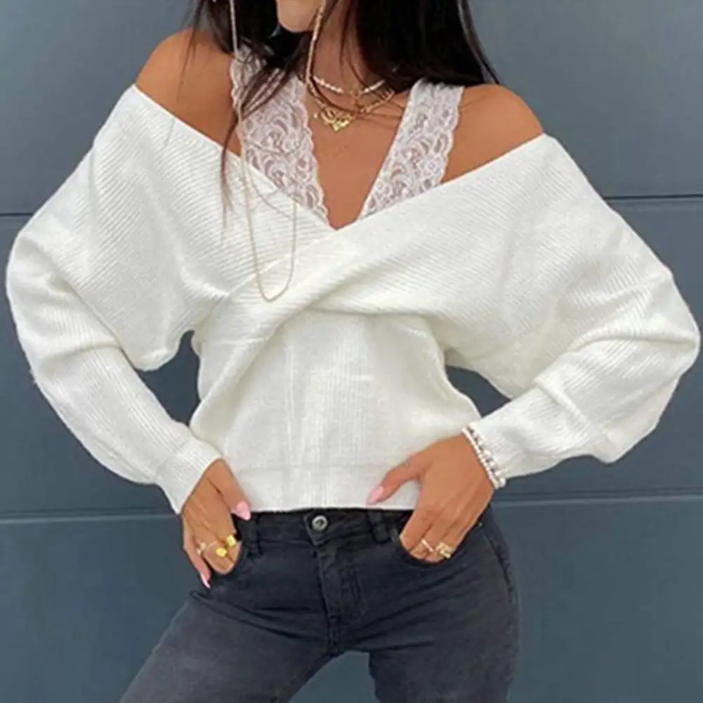 

Women's Long Sleeve Lace Off Shoulder Top Loose Blouse Sexy Vintage Tie Front Tops Knitted Sweater top