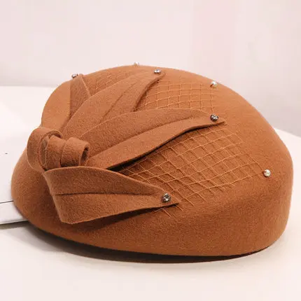 Fibonacci New Fashion Women Beret Fedoras Floral Wool Felt Hat Pearl Mesh Dinner Party Autumn Winter Hats Cap - Color: Khaki