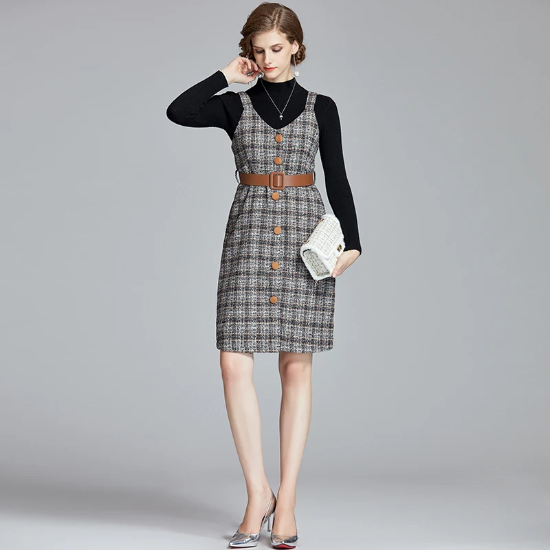 2019 Rough flower plaid skirt + trim thin shirt two-piece set(distribution belt) |
