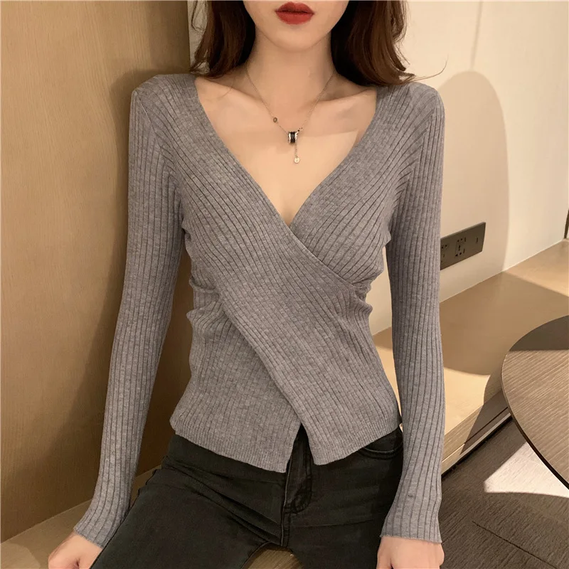 

V-Neck Knit Sweater Women 2021 Jumper Blouse New Bottoming Shirt With Autumn And Winter Long Sleeve Cross-Slim Tights Wholesale