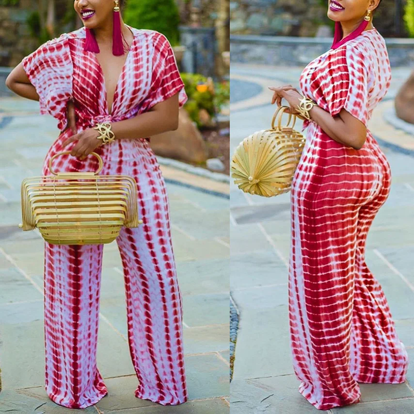 Plus Size Women Sexy Jumpsuits Red Print Deep v Neck Short Sleeve Long Pants Loose High Waist Elegant Evening Night New Jumpsuit