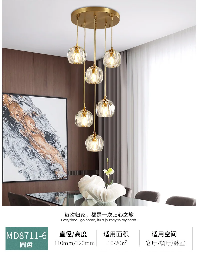 Luxurious Modern Crystal Dining Room Hanging Lights Simple Restaurant Staircase Led Pendant Lighting Copper Home Bar Lamp | Лампы и