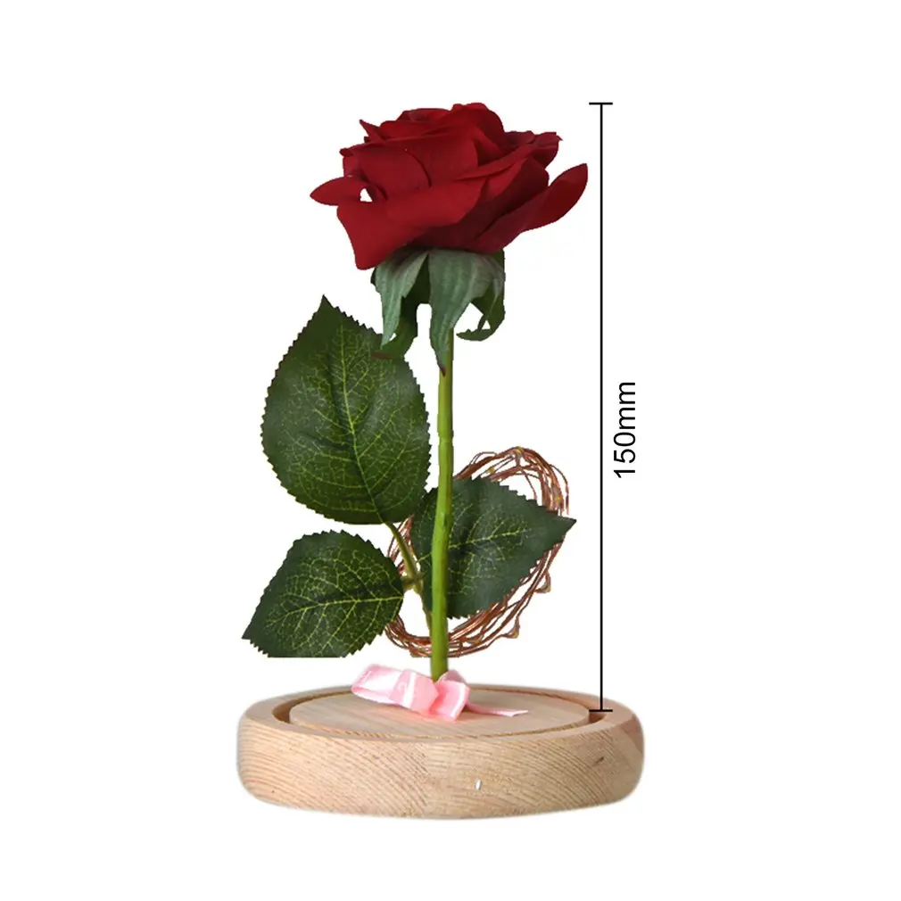 

LED Artificial Rose Flower with Lighting Strings Romantic Wedding Decor Glass Cover with Wooden Base Dome Preserved Fresh Flower