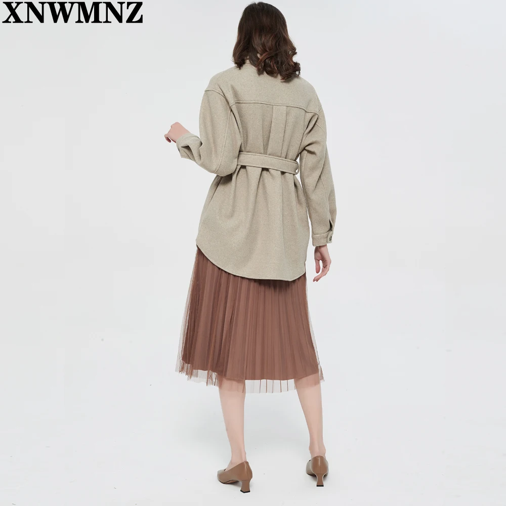 XNWMNZ Женская мода 2021 с поясом Свободная шерстяная куртка пальто Винтажное длинным