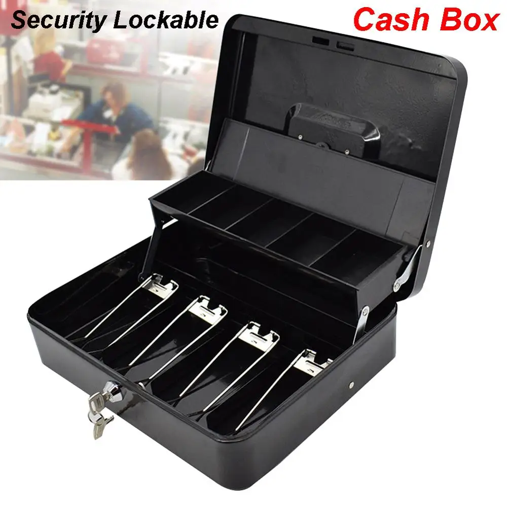 

NEW Portable Security Lockable Cash Box Tiered Tray Money Drawer Safe Storage Black Home Office Container Tool