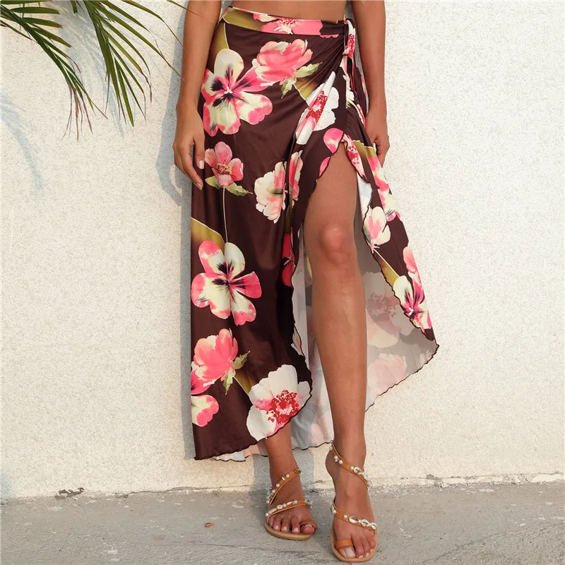 

Women Casual Beach Style Skirt Summer Flower Printing Tie Up Wrapped Robe Skirts Ladies Ruched Slim Bottoms Bathing Beachwear