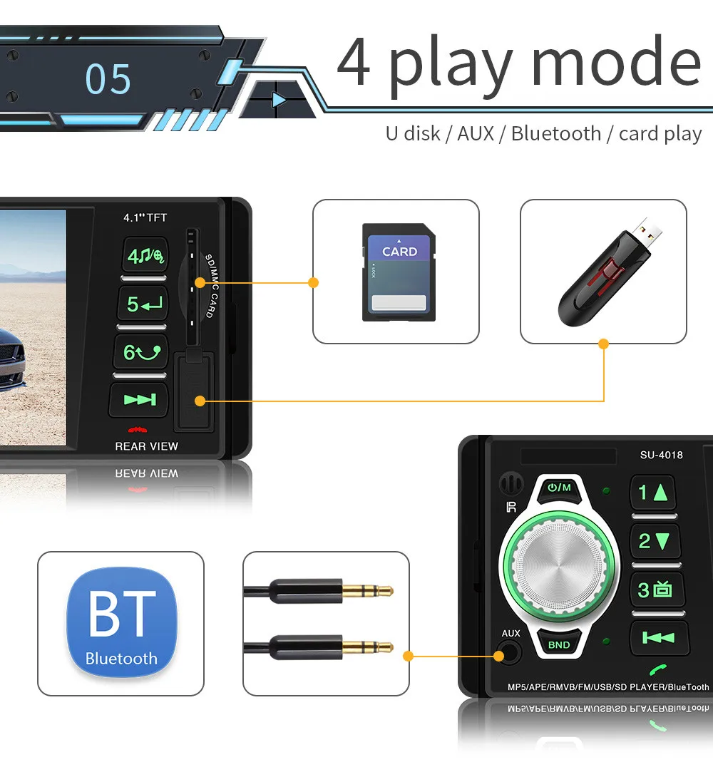 1 Din FM радио автомобиля 4 дюйма TFT экран Bluetooth Mp5 плеер USB/SD AUX Стерео Авторадио
