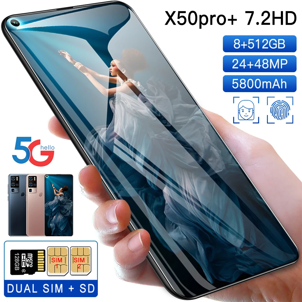 

2021 Global Version 7.2Inch X50 Pro+ 12GB 512GB 24+48MP Andriod 10 Smartphones Ten Core MTK6889 Dual SIM 5G Really Cell Phone