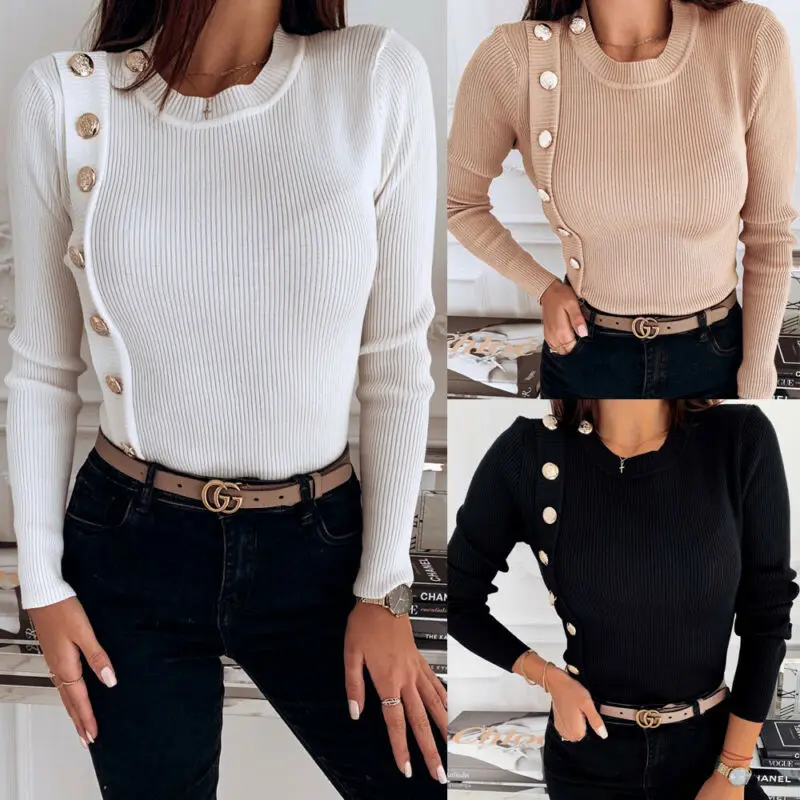 Новинка зимы Модный женский тонкий повседневный вязаный Однотонный свитер на