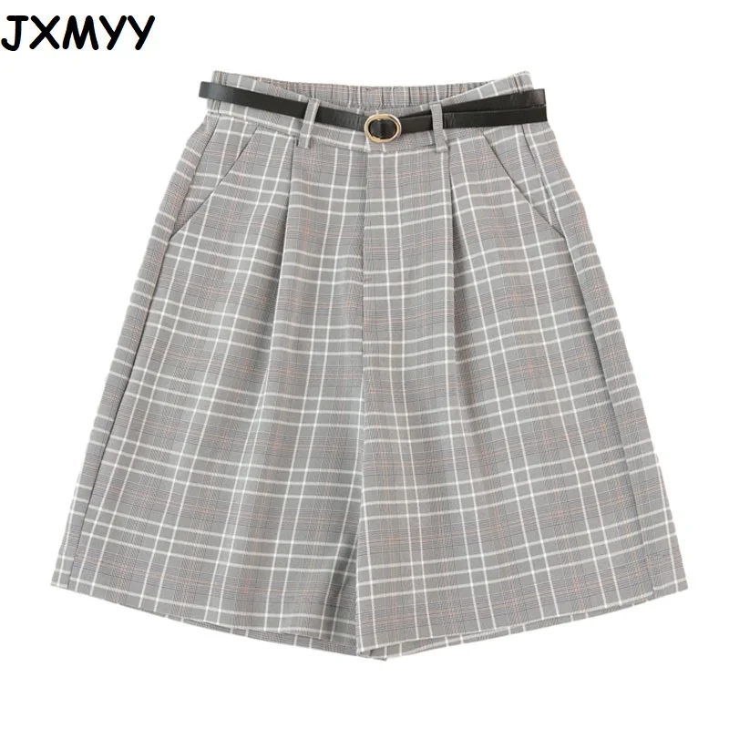 

S-3XL Sashes Booty Shorts High Waist Summer Vintage Plaid Wide Leg Suits Short Women Elegant All Match Straight Belt Shorts Girl