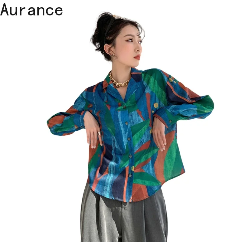 

[Aurance] Women New Lapel Long Sleeve Blue Big Size Pattern Print Blouse Loose Fit Shirt Fashion Tide Spring Autumn Tops 2021