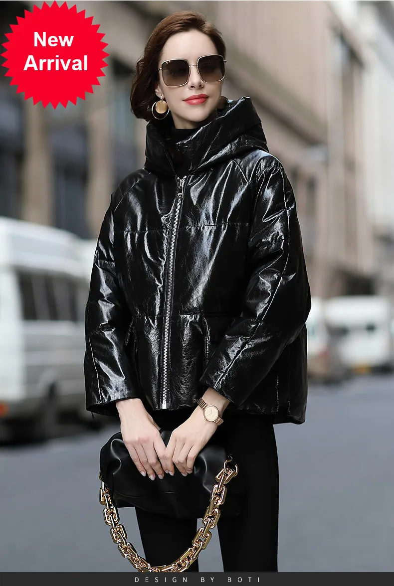 

2020 fashion sheepskin hooded short coat European style loose hooded leather down jacket for women
