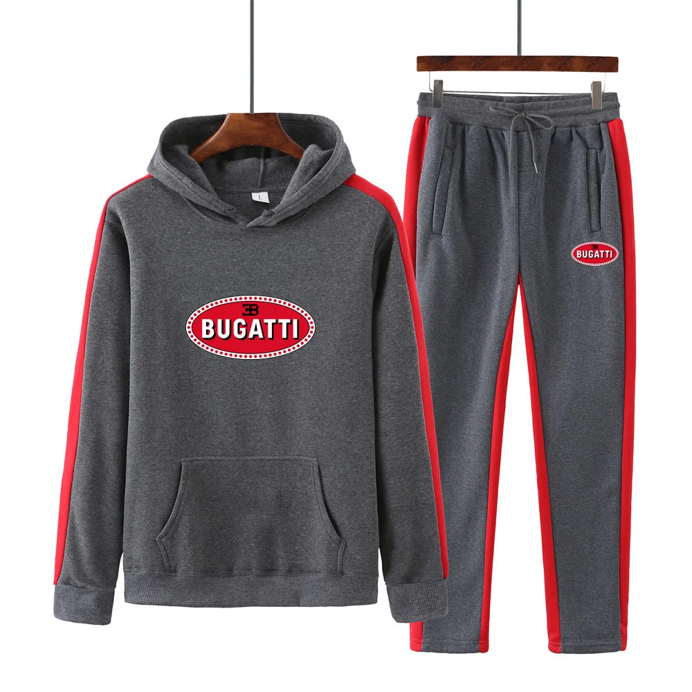 

Men's spring and autumn BUGATTI printed patchwork sweater + patchwork casual trousers sports casual hoodie two-piece men