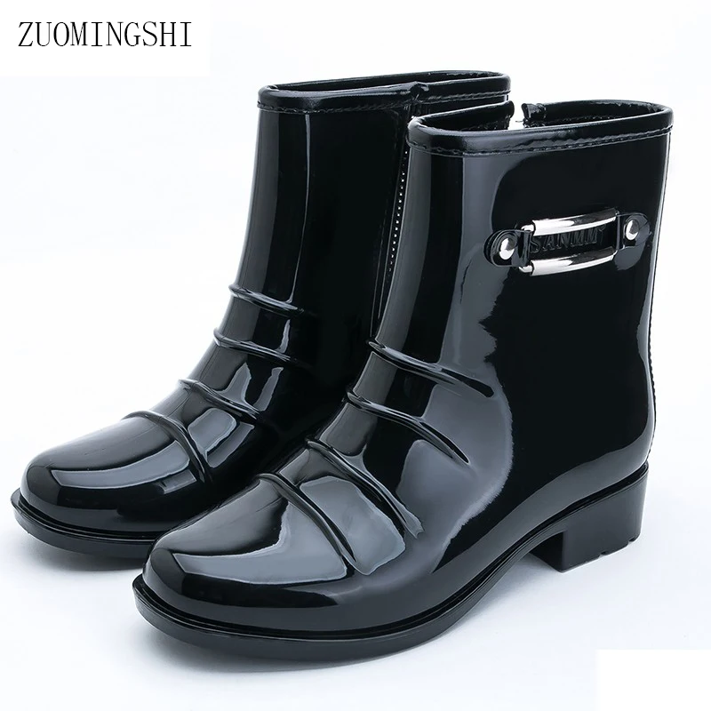 Black Rubber Rain Boots Women wellies PVC Gumboots Vamp Sole Galoshes Rainboots Round Toe Slip On|bota feminina|rainboots womenboots rain |