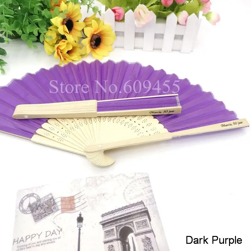 dark purple 100 шт./лот, персонализированные свадебные шелковые веера, уникальные вечерние Подарочные Подарки, ручные складные веера, печать на заказ, имя и Дата - Цвет: dark purple