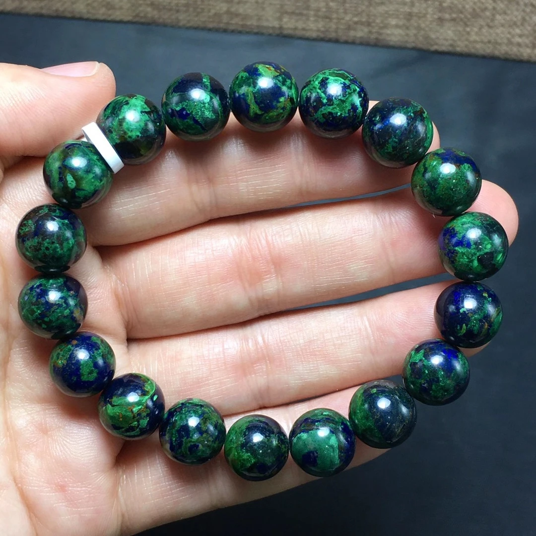 

Genuine Natural Malachite Azurite Strong Green Blue Bracelet 11.4mm Round Beads Woman Men Azurite Bracelet Genuine AAAAAA
