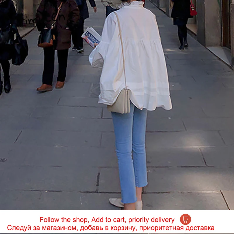 

Yitimuceng White Blouse Woman Oversized Lace UpTops Korean Fashion Long Lantern Sleeve Office Lady Shirt 2021 Spring Summer New