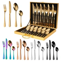 stainless steel tableware wooden box cutlery set knife fork spoon western food 24 piece set