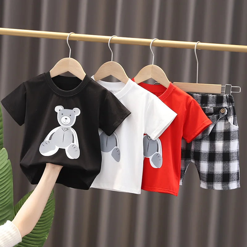Summer Kids Boys Cartoon Clothes Children Girls Fashion T Shirt Shorts 2Pcs/sets Baby Infant Lattice Clothing Toddler Sportswear