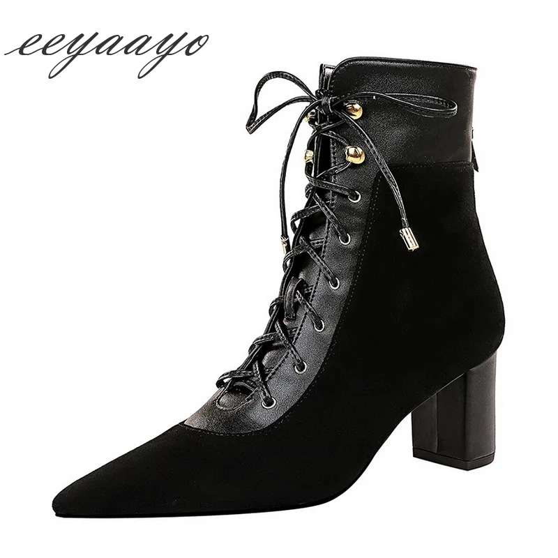 

2020 New Winter Women Ankle Boots 6.5cm High Square Heel Pointed Toe Lace-Up Zipper Sexy Ladies Women Shoes Black Short Boots