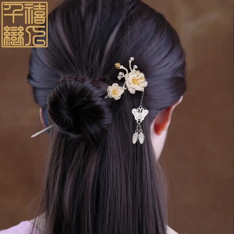 

Original design creative peony flower hairpin Chinese retro butterfly pendant light luxury charm lady silver jewelry