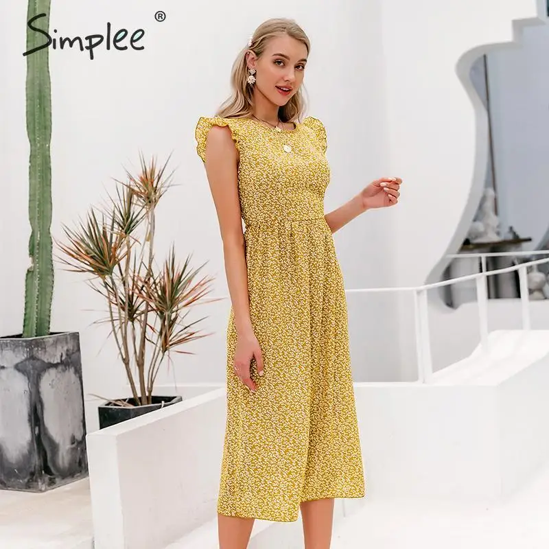 Simplee Bohimian style women summer midi dress Elegant floral print female long sundress A-line ruffle ladies beach dresses | Женская