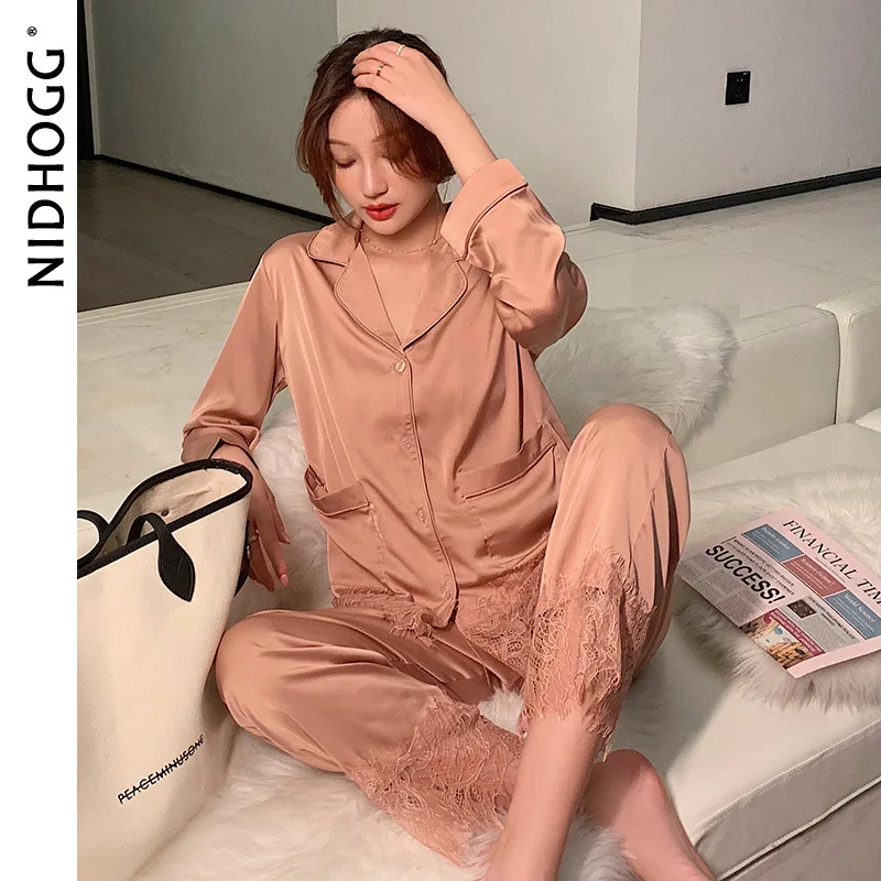 

Women's Long Sleeve Thin Pajamas Solid Turn-down Collar Silk Sleepwear Autumn Loungewear Sexy Nightwear Satin Two Piece Set