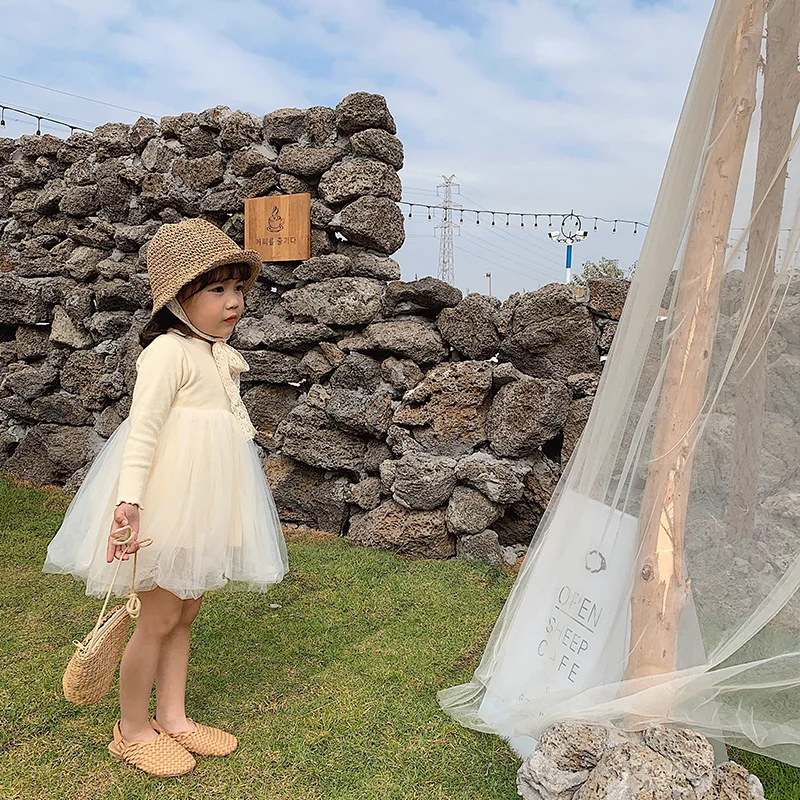 Весенне-осеннее Сетчатое платье для девочек трикотажное базовое с длинным