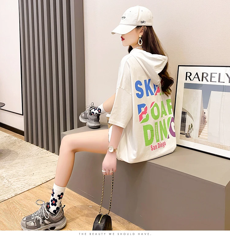 

229# Summer Chic Ins Cotton Maternity Tees with Hoodies Back Letter Print Stylish T shirt for Pregnant Women Loose Pregnancy Top