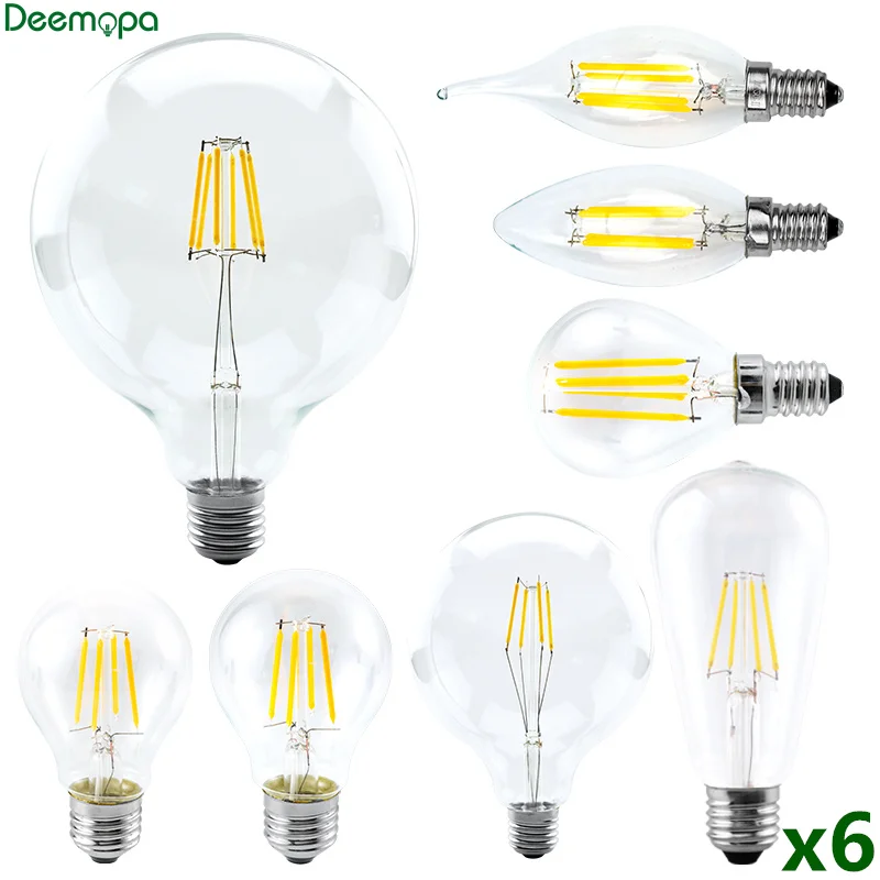 

6pcs/lot LED Filament Bulb E27 Retro Edison Lamp AC220V 2W 4W 6W 8W E14 Vintage Candle Light Globe Lighting COB Home Decor Light