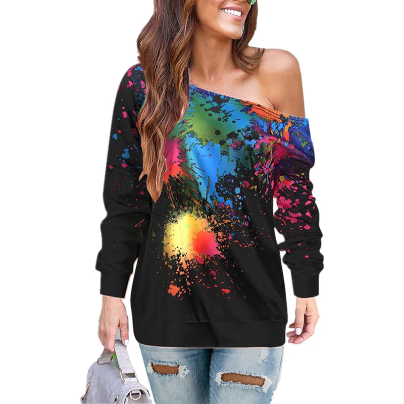 

Fashion Casual Hoodie Women Sexy Skew Neck Autumn Long Sleeve Paint Splatter Print Sweatshirt Top Blouse Hoodie Women