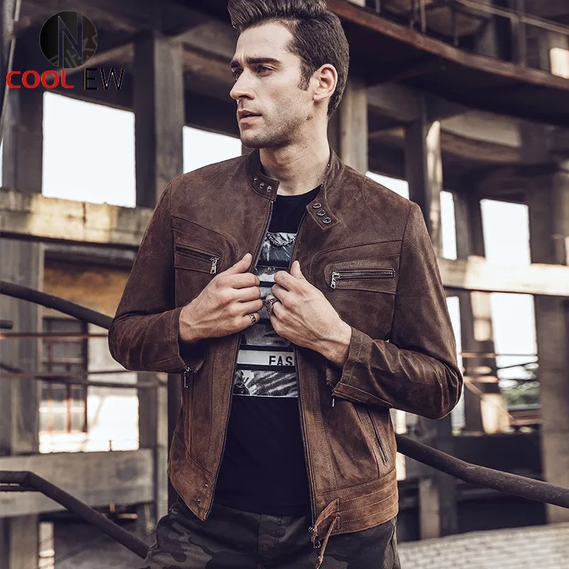 

High Quality Mens Natural Pigskin Jacket Stand Collar Windproof Biker Genuine Leather Jacket Slim Fit Brown Short Coat Plus Size