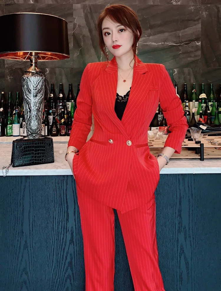 

Top Quality New Blazer Sets 2020 Autumn Business Suit Women Striped Print Golden Button Blazer Coat+Skinny Leg Pant Sets & Suits