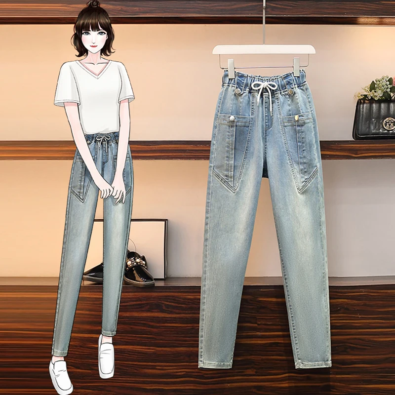 

4XL Plus Size Boyfriend Jeans For Women Casual Vintage High Waist Jeans Denim Harem Pants Elastic Waist Denim Jeans Femme Autumn