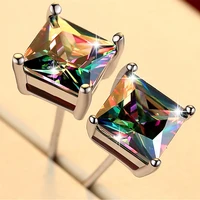huitan square cz women stud earrings colorful cubic zirconia simple stylish teens ear ring versatile female korean jewelry cute