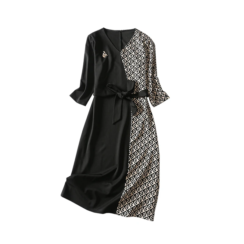 Ретро контрастный v образный вырез элегантный и благородный пояс на талии