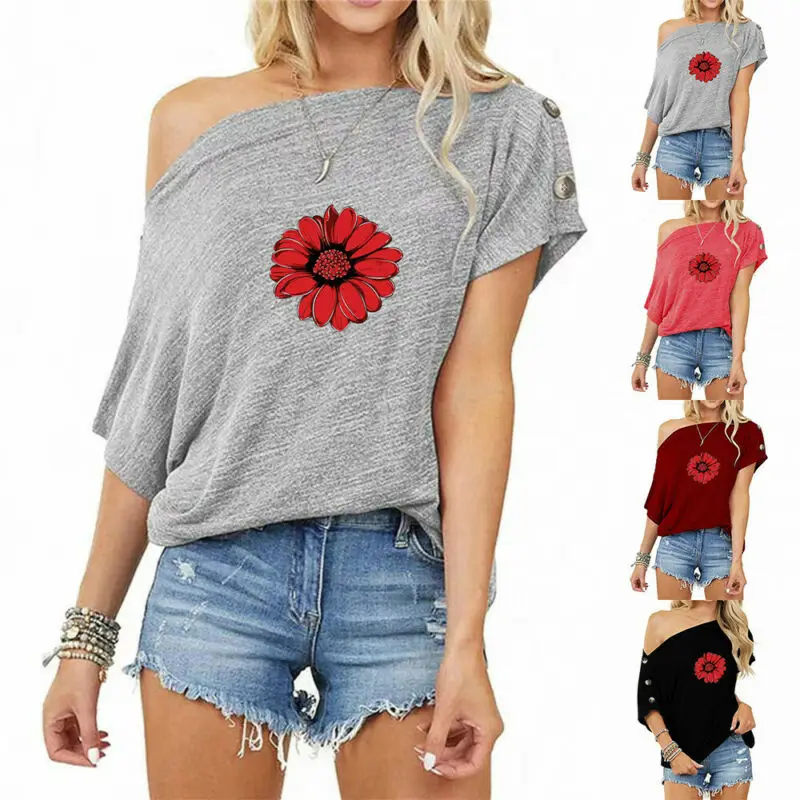 

Womens Summer Off Shoulder Button T-shirt Short Sleeve Tee Causal Baggy Tops Fit Loose Off Shoulder Short Sleeve