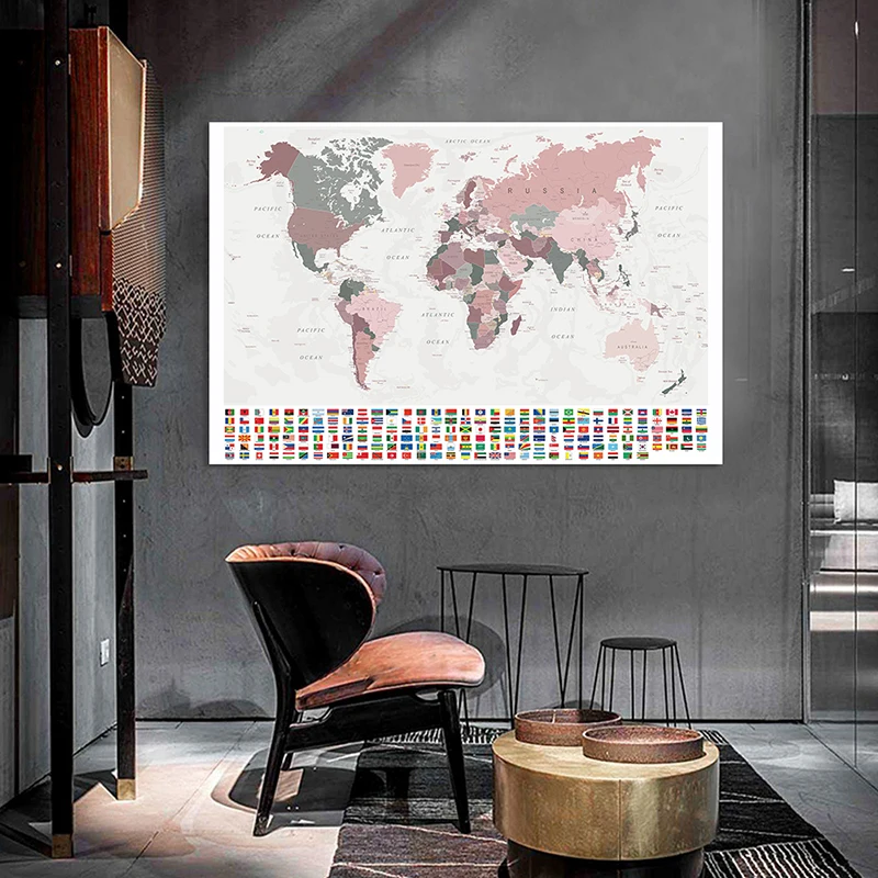 

150*100cm The World Political Map with National Flags Wall Retro Poster Canvas Painting Home Decor School Classroom Supplies