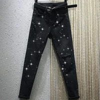 spring autumn new heavy work hot drilling high waist hole casual stretch straight jeans women