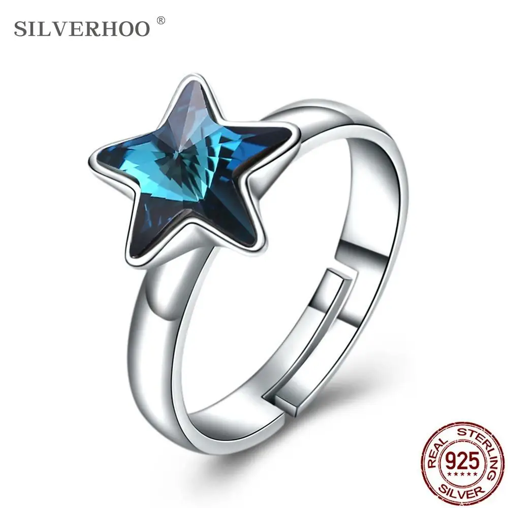 

SILVERHOO 925 Sterling Silver Opening Adjustable Rings For Women Blue Austria Crystal Star Ring Fine Jewelry Anniversary Gift