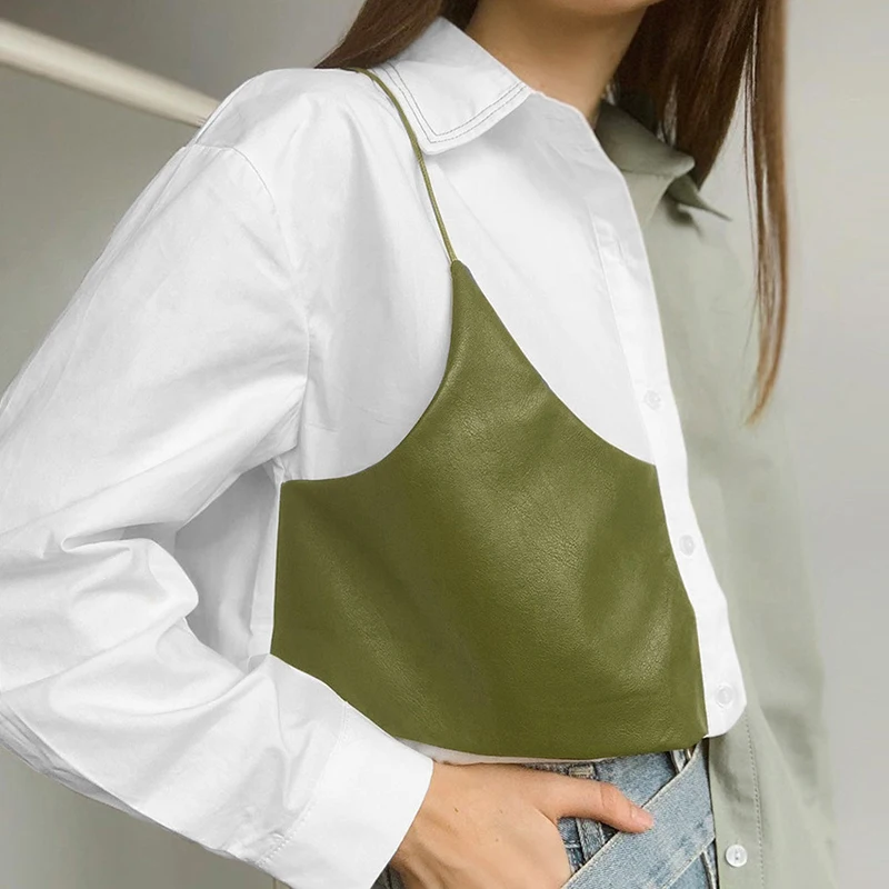 

ONEINALL Asymmetrical Hit Color Fake Two Shirts For Women Lapel Long Sleeve Patchwork PU Casual Women's Blouses 2021 Spring Tide
